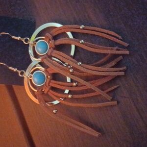 Southwest Boho Turquoise & Gold Tone Leather Like Fringe Hoop Dangle Earrings